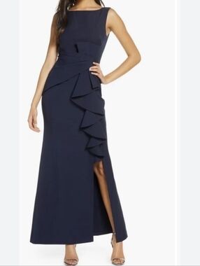Eliza J Ruffle Front Gown In Navy Blue Size 4 NWT'S